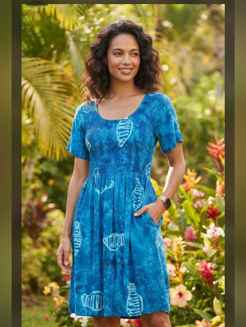 Pineapple Moon Blue White Fish Batik Rayon Dress / Cover-Up -  Size L/XL - Boho